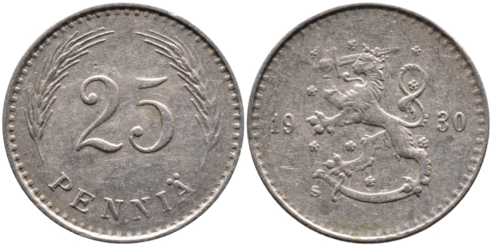ФИНЛЯНДИЯ 25 ПЕННИ 1930 S KM 25 медно-никель 4387-455