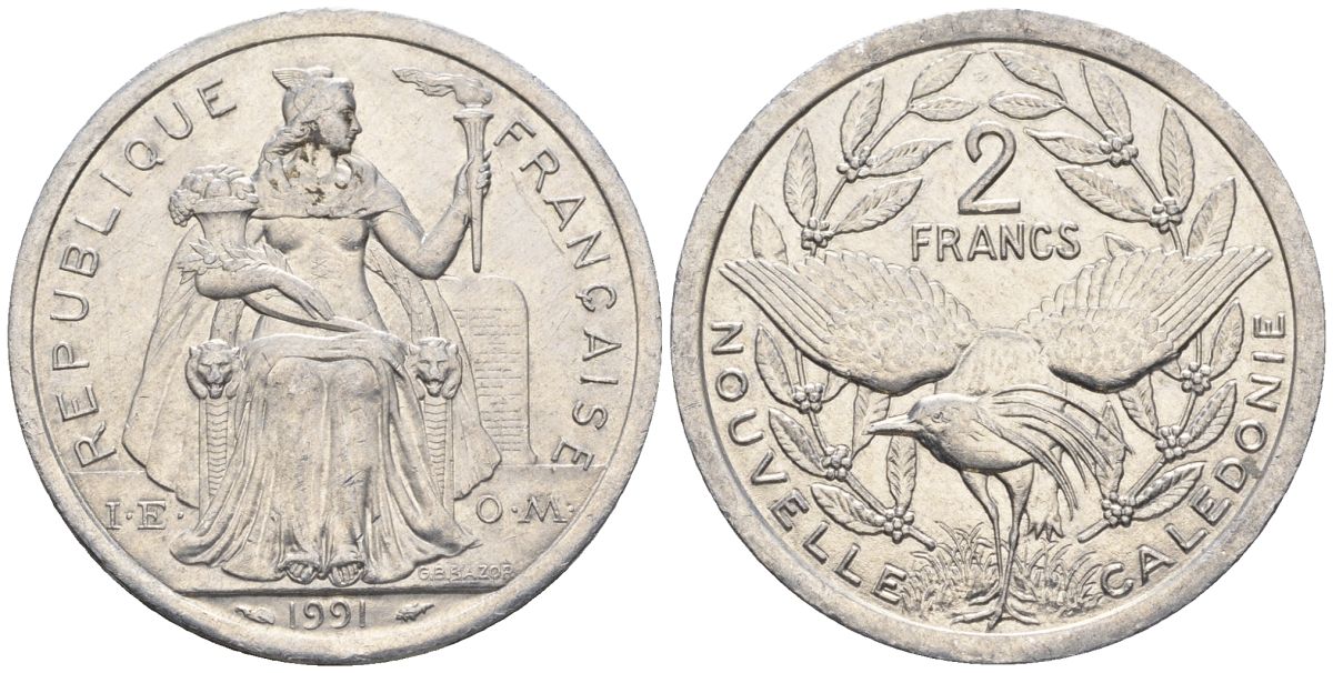 Французская Новая Каледония 2 франка 1991 птица кагу, (IEOM) KM 14, Schoen 11, Lec 67 алюминий    23-734