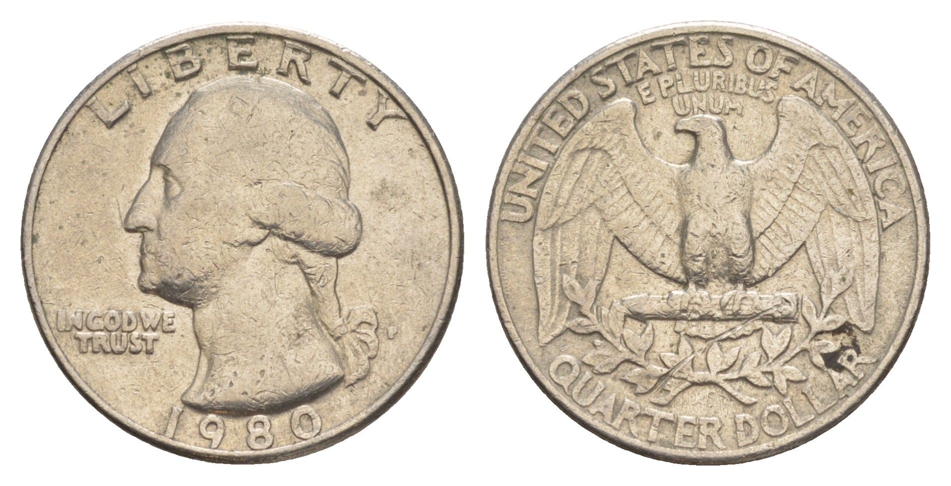 США 25 центов (квотер, 1/4 доллара) 1980 P KM 164a медь плакированная медно-никелем 4638-413