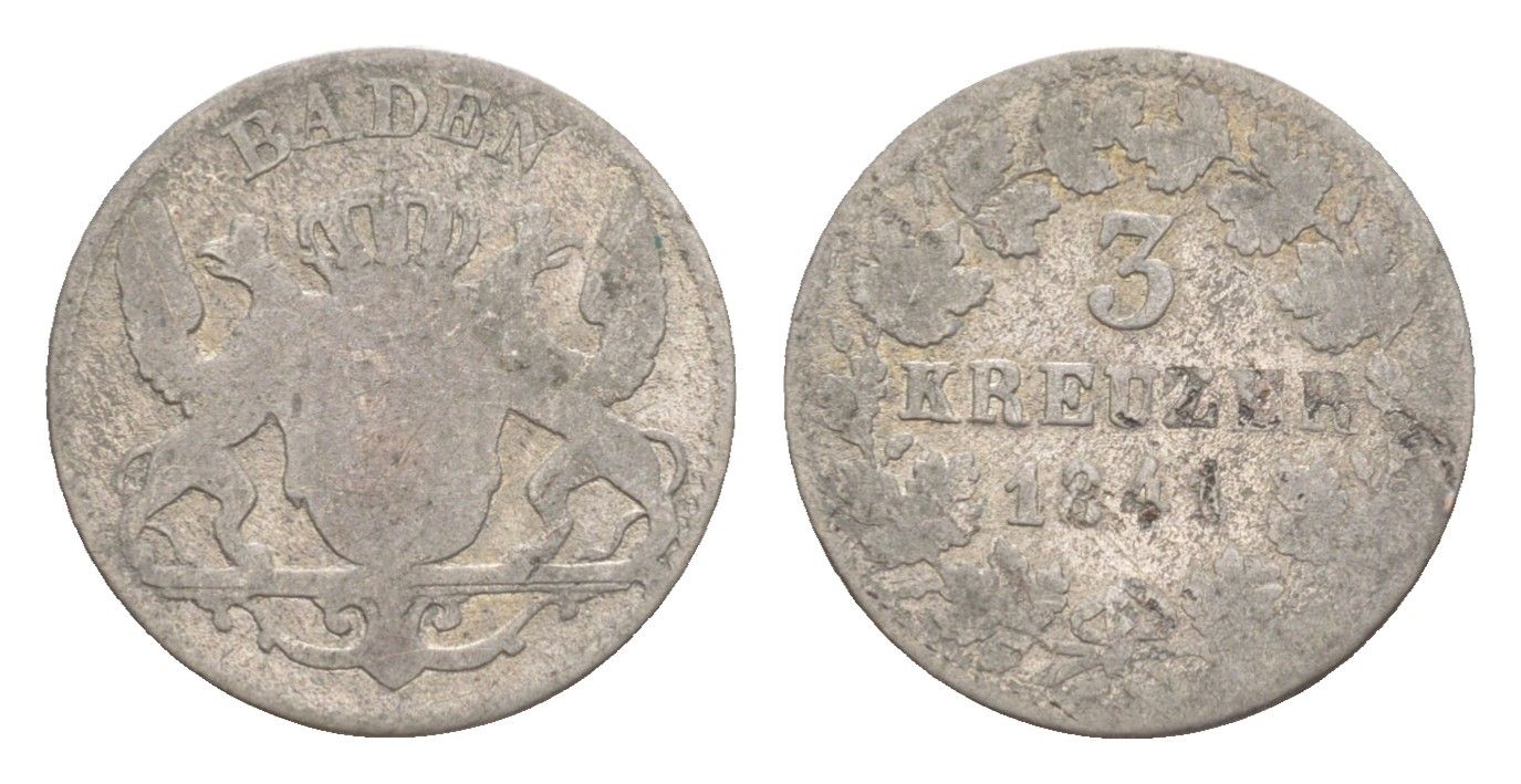 Баден 3 крейцера 1841 Леопольд (1830-1852) KM 211 серебро 4639-1159