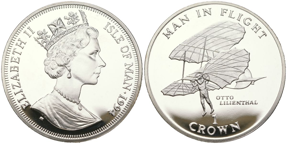 Остров Мэн 1 крона 1994 Отто Лилиенталь KM 417a серебро PROOF 1530-1324