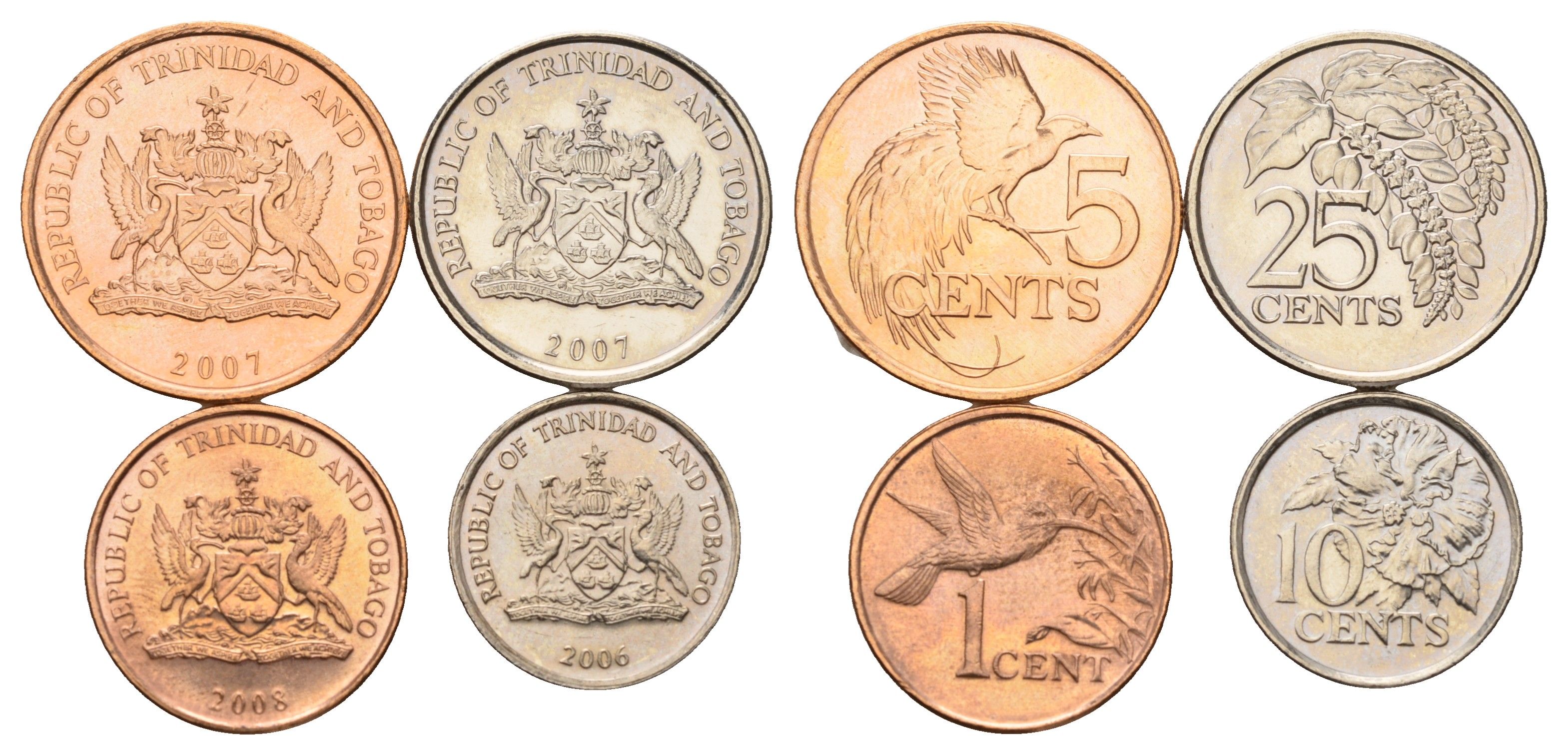Тринидад и Тобаго набор из 4 монет (1, 5, 10, 25 центов) 2006, 2007 и 2008 KM 29, 30, 31 и 32 UNC 4669-836-839