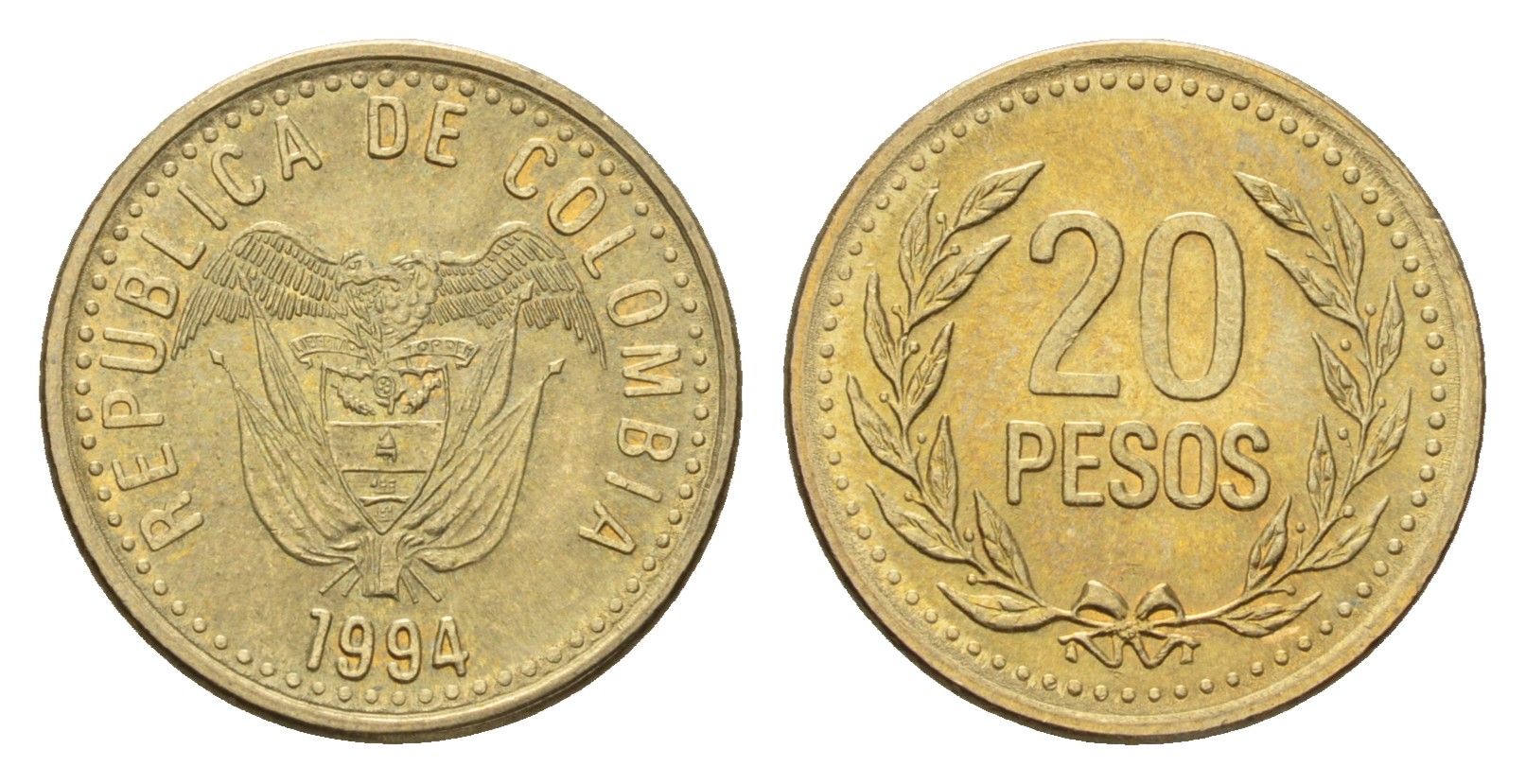 Колумбия 20 песо 1994 KM 282 алюминиевая бронза UNC 4679-237