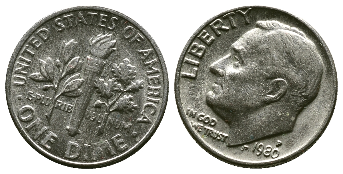 США 10 центов = дайм 1980 P, Рузвельт KM 195a медь плакированная медно-никелем 4383-469