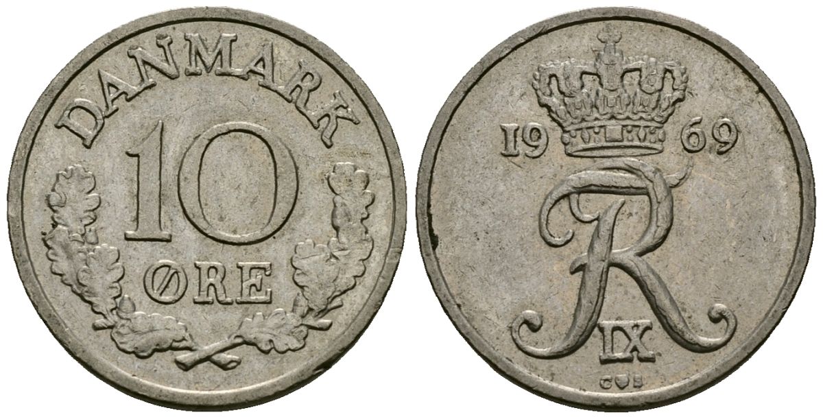 Дания 10 эре 1969 C,S, Фредерик IX (1947-1972) KM 849.1 медно-никель 4136-859