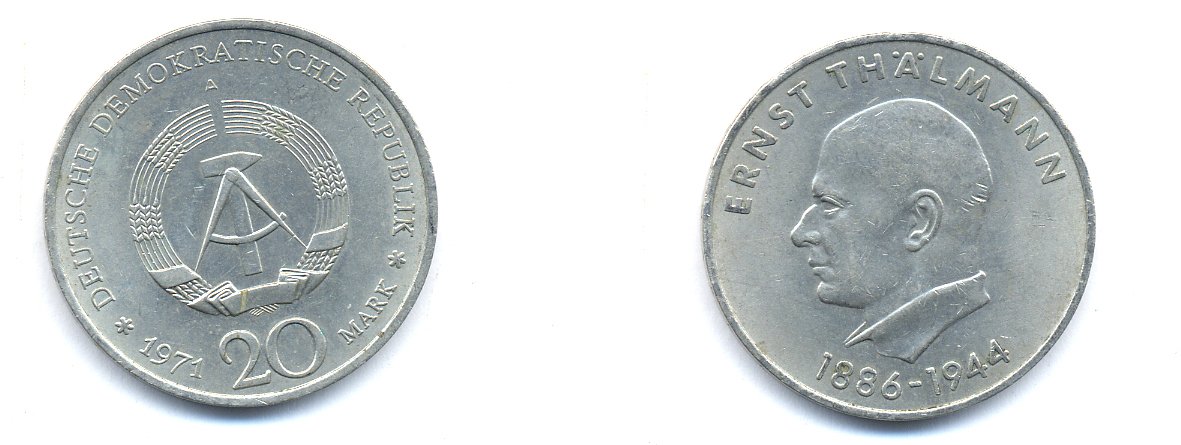 ГДР 20 марок 1971 A, 85 лет со дня рождения Эрнста Тельмана KM 34, J. 1535 медно-никель 3333-626