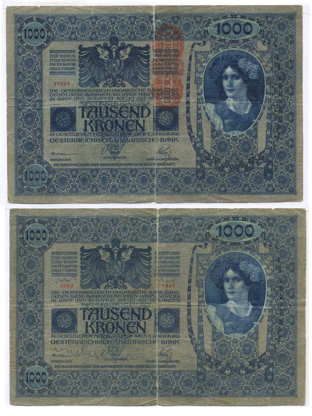 АВСТРИЯ 1000 КРОН 1919 КРАСНАЯ ВЕРТИКАЛЬНАЯ НАДПЕЧАТКА НА 1902 Pick 59 бумага 8595-14-1