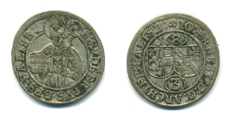 АВСТРИЯ, ЗАЛЬЦБУРГ 3 КРЕЙЦЕРА 1689 KM 249 серебро 54-969