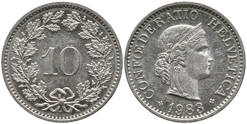 ШВЕЙЦАРИЯ 10 РАППЕНОВ 1983 KM 27 медно-никель 4539-525