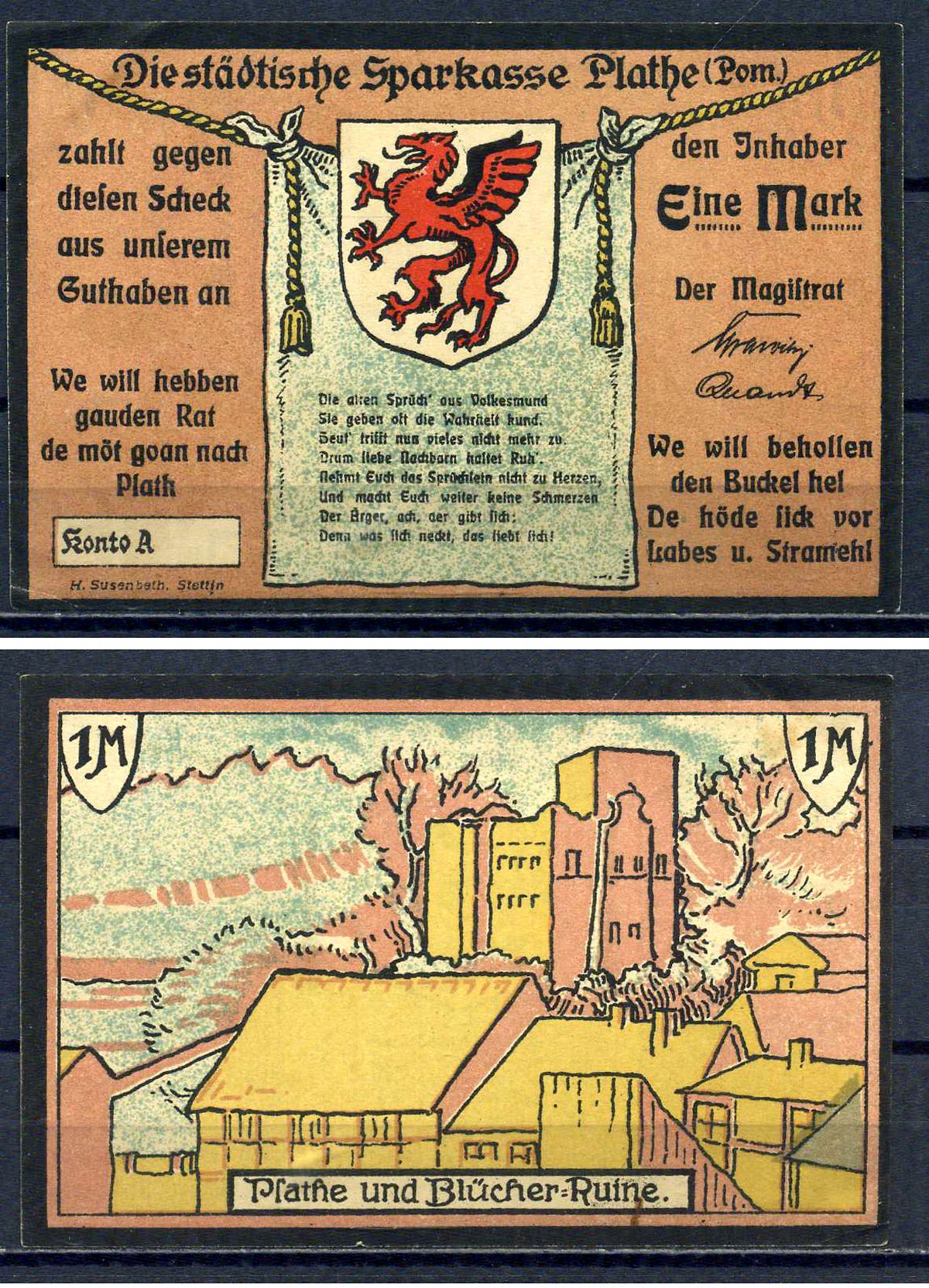 Плате (Пруссия, Померания) 1 марка ND (1921) Plathe бумага UNC (пресс) 7556-28-3-2