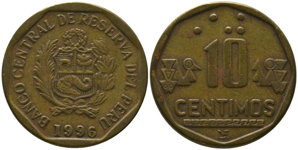 Перу 10 сентимо 1996 LIMA KM 305.1, Schon 104 латунь 4543-635