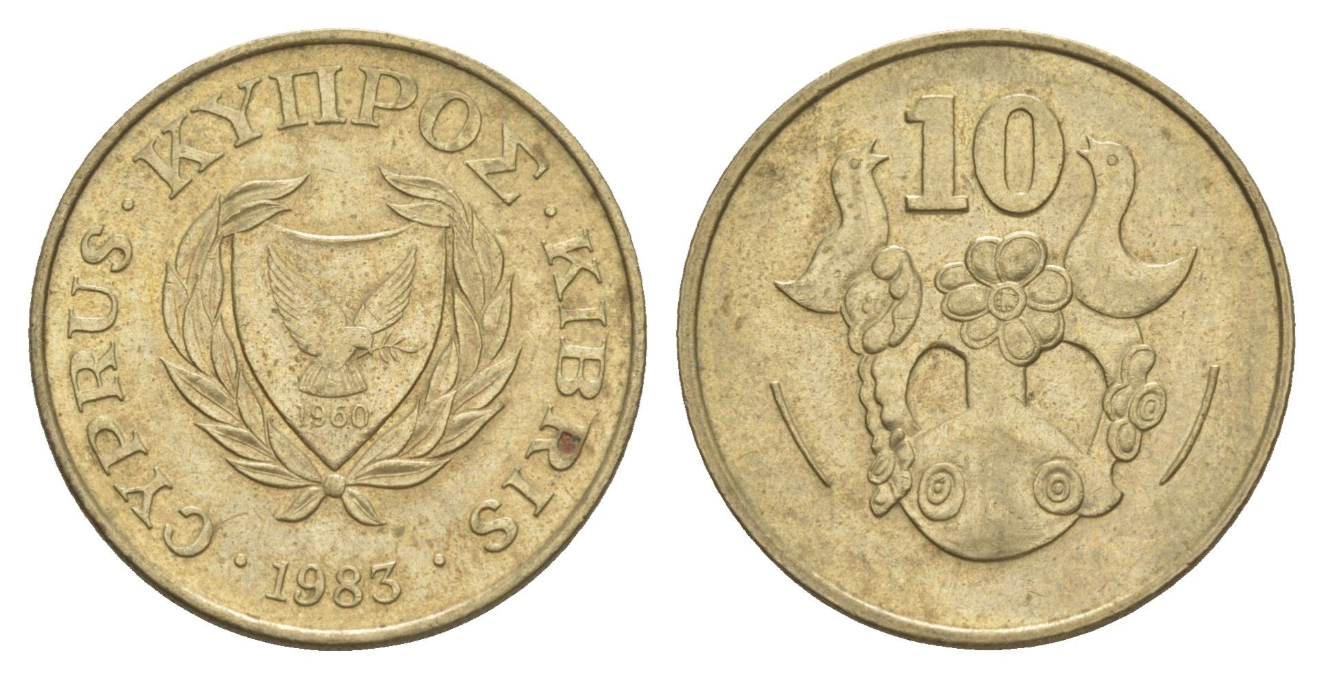 Кипр 10 центов 1983 ваза с птичками KM 56.1 никель латунь UNC 4652-341