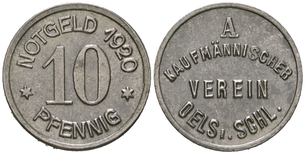 Олес (Оелс, Олесница) (Силезия) 10 пфеннингов 1920 Funck 400.2, Men05 19704.2, Men18 24717.2 железо aUNC 4169-1252