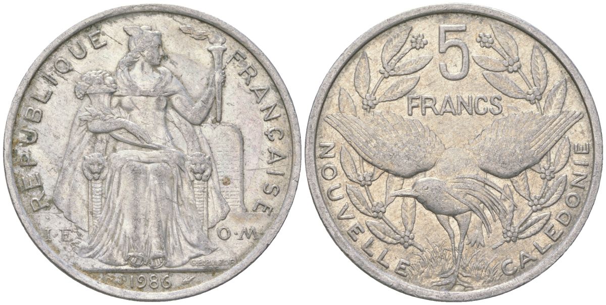 Французская Новая Каледония 5 франков 1986 птица кагу, (IEOM) KM 16, Schoen 12, Lec 76 алюминий 180-642