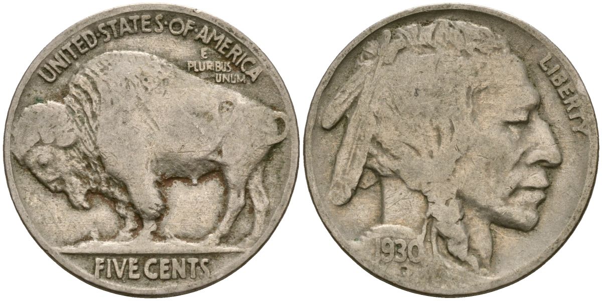 США 5 центов 1930 индеец, бизон KM 134 медно-никель 4523-1142
