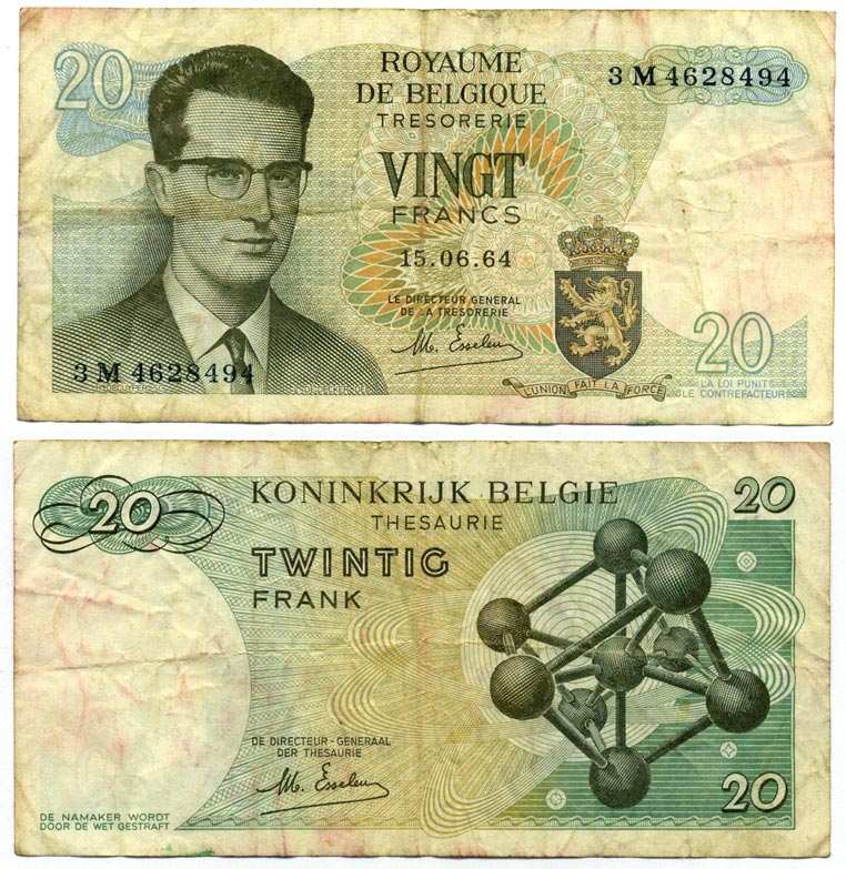 Бельгия 20 франков 1964 Бодуэн I, атомиум, d Haeze Pick 138 (1) бумага 6262-51-2-2