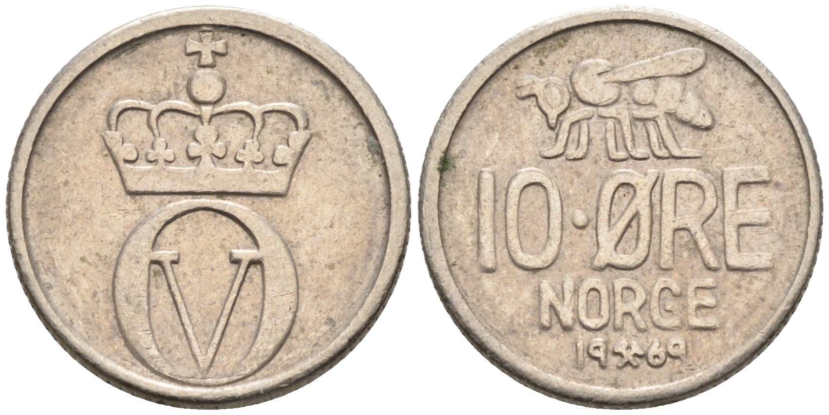 НОРВЕГИЯ 10 ЭРЕ 1969 ПЧЕЛА KM 411 медно-никель 4588-328