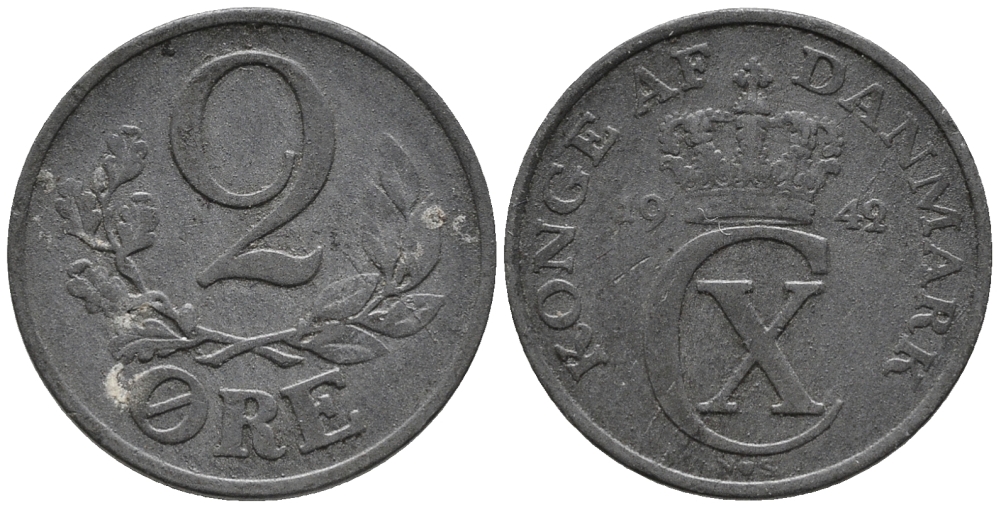 ДАНИЯ 2 ЭРЕ 1942 N; S, КРИСТИАН X (1912-1947) KM 833a цинк 67-152