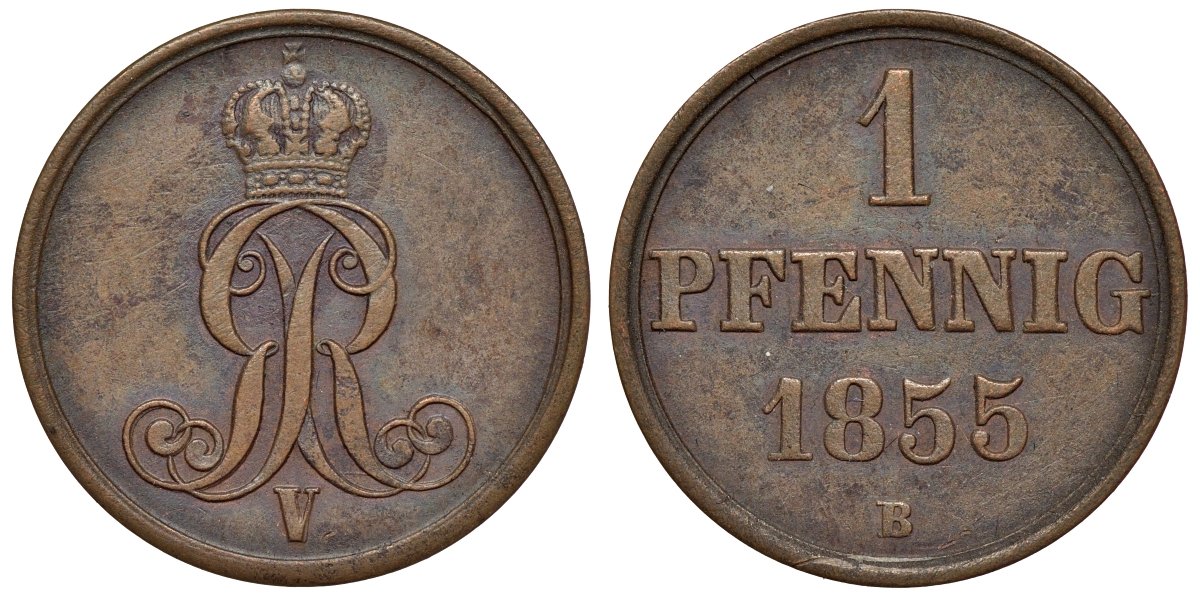 Ганновер 1 пфенниг 1855 B, Георг V KM 221, AKS 155, J. 83 медь 4594-516