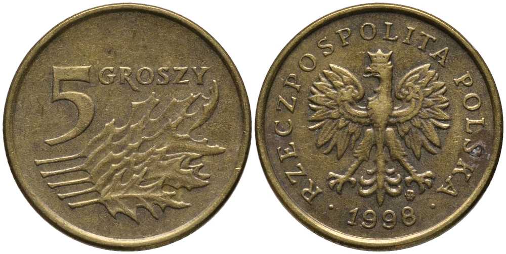 Польша 5 грошей 1998 MW KM 278, Parchimowicz 703e латунь 201-425