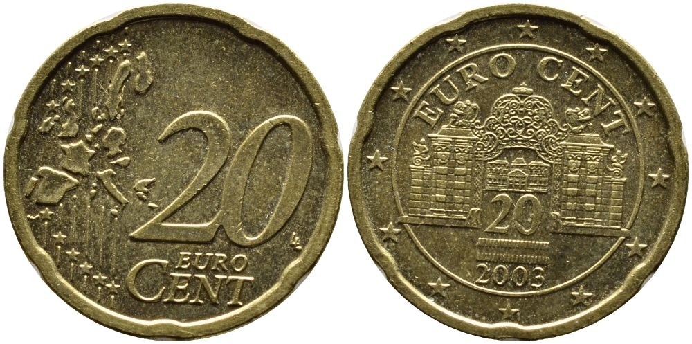АВСТРИЯ 20 ЕВРОЦЕНТОВ 2003 KM 3086 латунь 4391-245