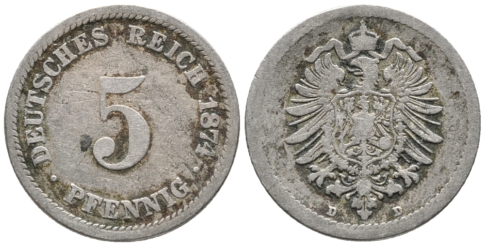 ГЕРМАНИЯ 5 ПФЕННИГОВ 1874 D, СТАРОГЕРБОВКА KM 3, J. 3 медно-никель 39-317