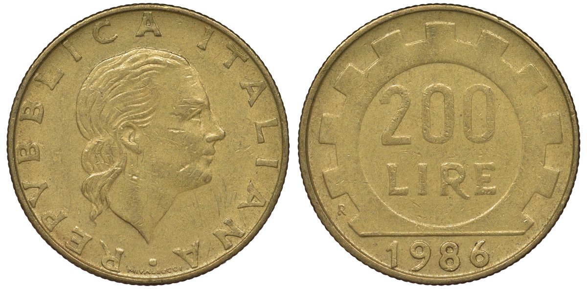 Италия 200 лир 1986 R, шестерня KM 105 алюминиевая бронза 4128-1255