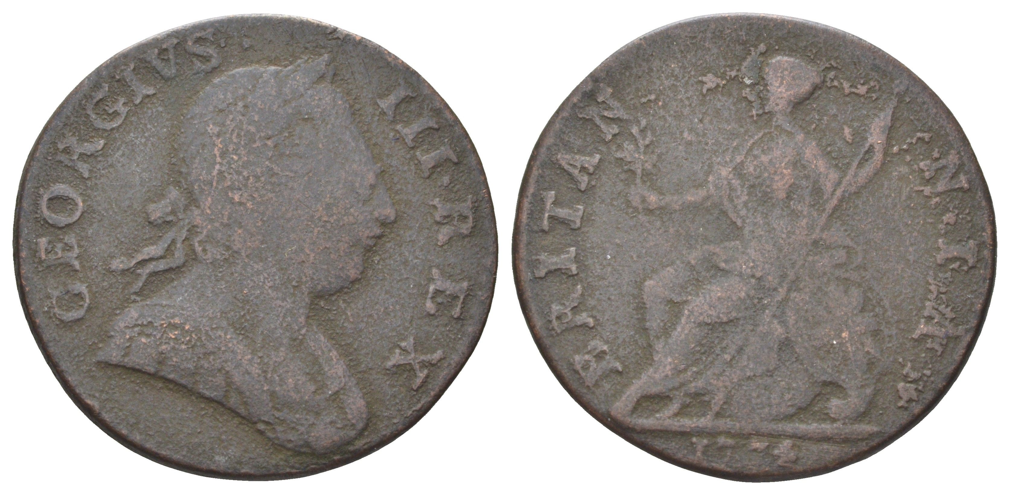 Великобритания 1/2 пенни 1774 Георг III (1760-1820) KM 601, Spink 3774 медь 4707-844