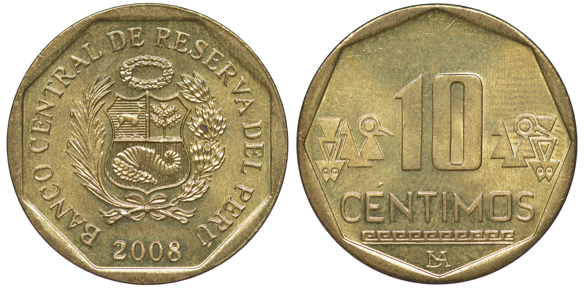 Перу 10 сентимо 2008 KM 305.4 латунь aUNC 4605-544