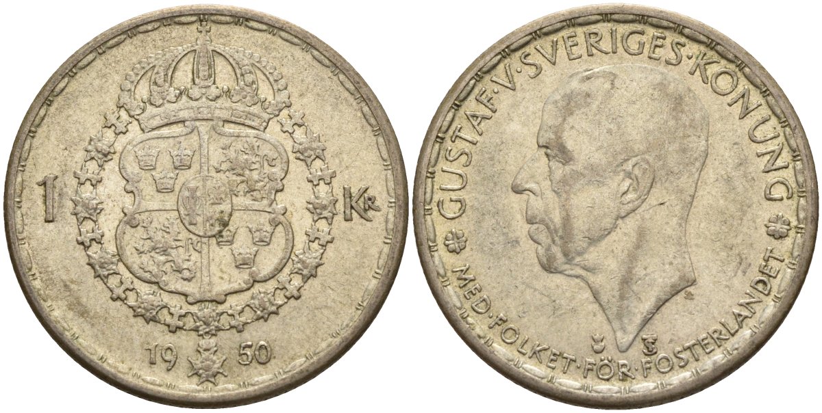 Швеция 1 крона 1950 TS, Густав VI Адольф (1950-1973) KM 814 серебро 4148-1125