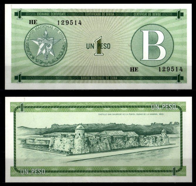 Куба, валютный сертификат 1 песо ND (1985) серия B, зеленая Pick FX6 бумага UNC (пресс) 7201-39-2