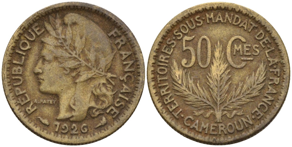 Камерун 50 сантимов 1926 (a), мондвор Париж KM 1 алюминиевая бронза 4169-453