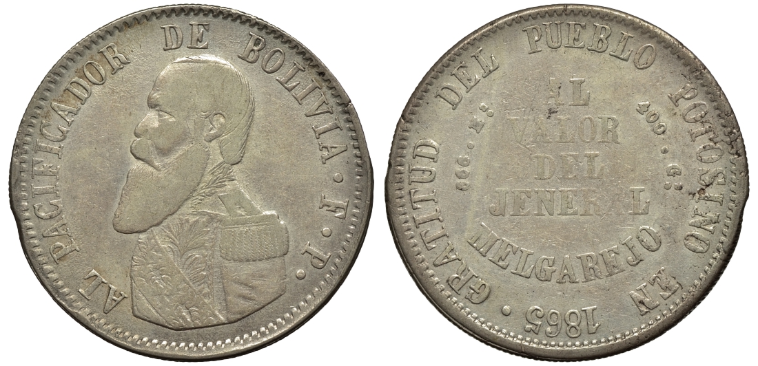 Боливия 1 мельгарехо 1865 F.P. KM 146 серебро 00-901-51