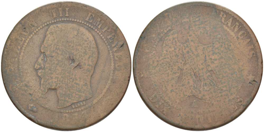 ФРАНЦИЯ 10 САНТИМОВ 1854 A, НАПОЛЕОН III (1852-1870) KM 771.1, LE FRANC 133.10 бронза 215-542