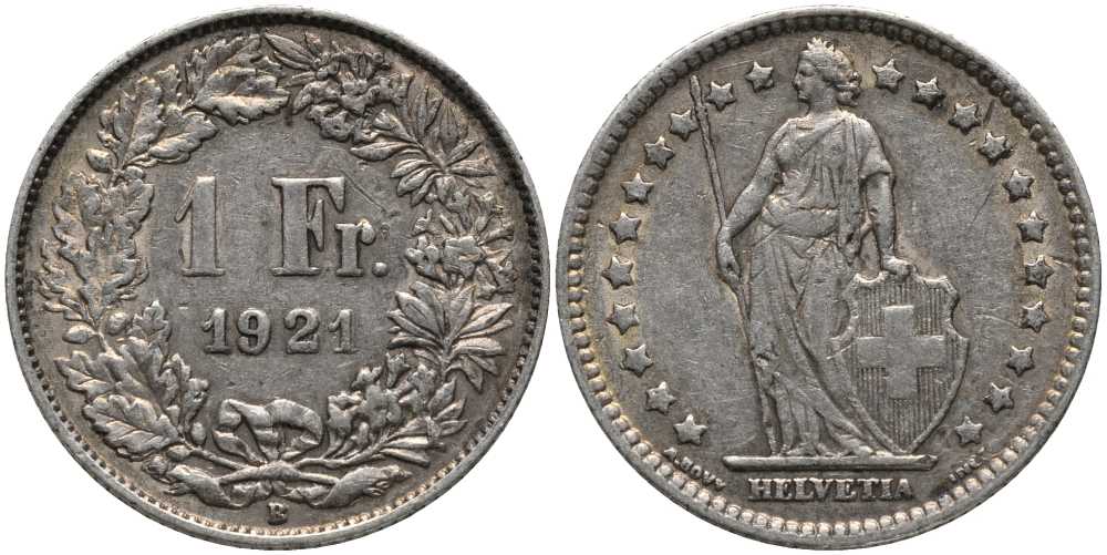 Швейцария 1 франк 1921 B КМ 24 серебро 202-546