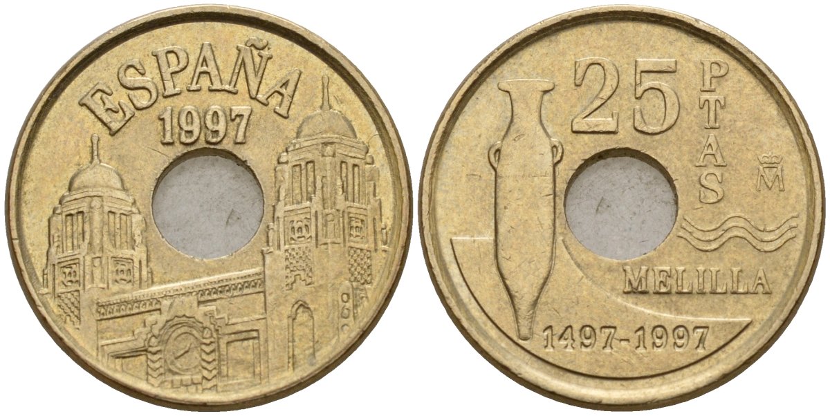 Испания 25 песет 1997 Мелилья (Melilla), Хуан Карлос I (1975-2014) KM 983 латунь 4177-512