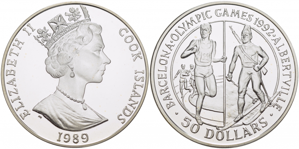Острова Кука 50 долларов 1989 XXV летние Олимпийские игры 1992 года в Барселоне и XVI Зимние Олимпийские игры 1992 в Альбервиле KM 60 серебро PROOF 04-302-23