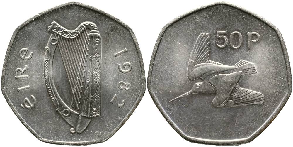ИРЛАНДИЯ 50 ПЕНСОВ 1982 ВАЛЬДШНЕП KM 24 медно-никель 4531-745