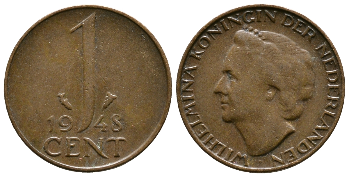 Нидерланды 1 цент 1948 Вильгельмина (1890-1948), год тип KM 175 бронза 177-1141