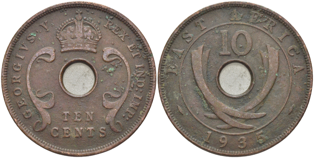 Британская Восточная Африка 10 центов 1935 Георг V (1910-1936) KM 19 бронза 3333-1126