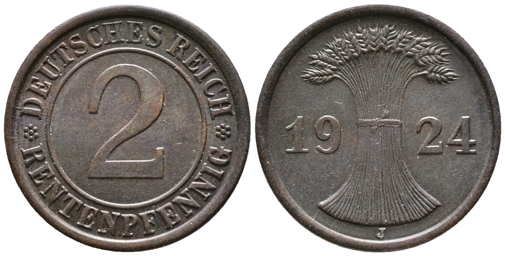ГЕРМАНИЯ 2 РЕНТЕНПФЕННИГА 1924 J KM 31, J. 307 бронза 24-554