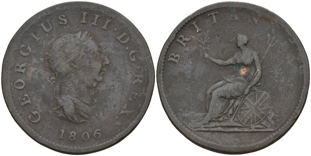 Великобритания 1/2 пенни 1806 Георг III (1760-1820) KM 662, Spink 3781 медь 4144-936