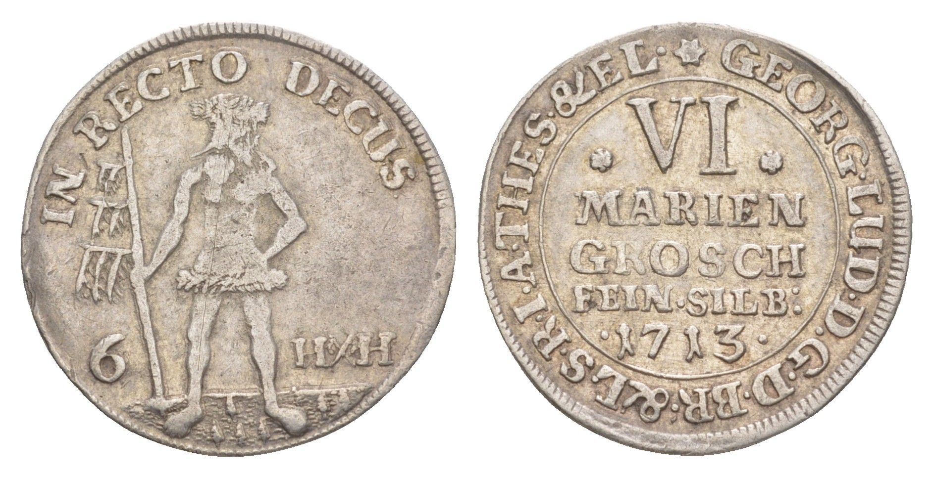 Брауншвейг-Каленберг-Ганновер 6 мариенгрошей 1713 дикарь, Георг I (1698-1727), из коллекции Ричарда Б. Смита Welter 2182 серебро 00-821-31