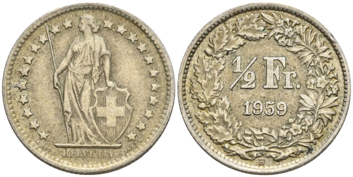 Швейцария 1/2 франка 1959 B KM 23 серебро 4608-519