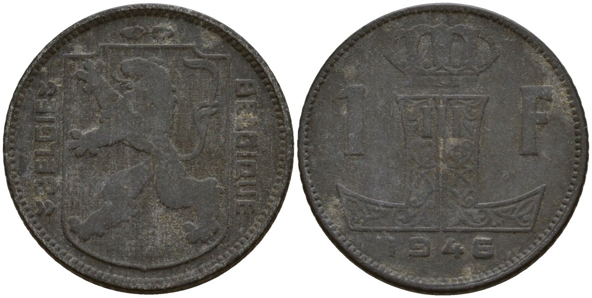 Бельгия 1 франк 1946 Belgie - Belgique, Леопольд III (1934-1947), германская оккупация, Вторая мировая война KM 128 цинк 4161-611