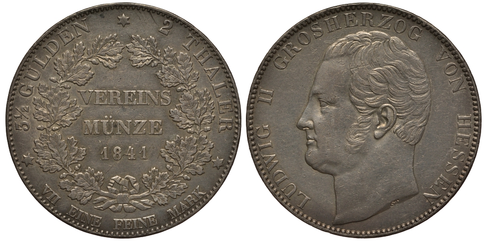 Гессен-Дармштадт 2 талера 1841 Людвиг II (1830-1848) KM 310, Dav. 702 серебро 00-805-14