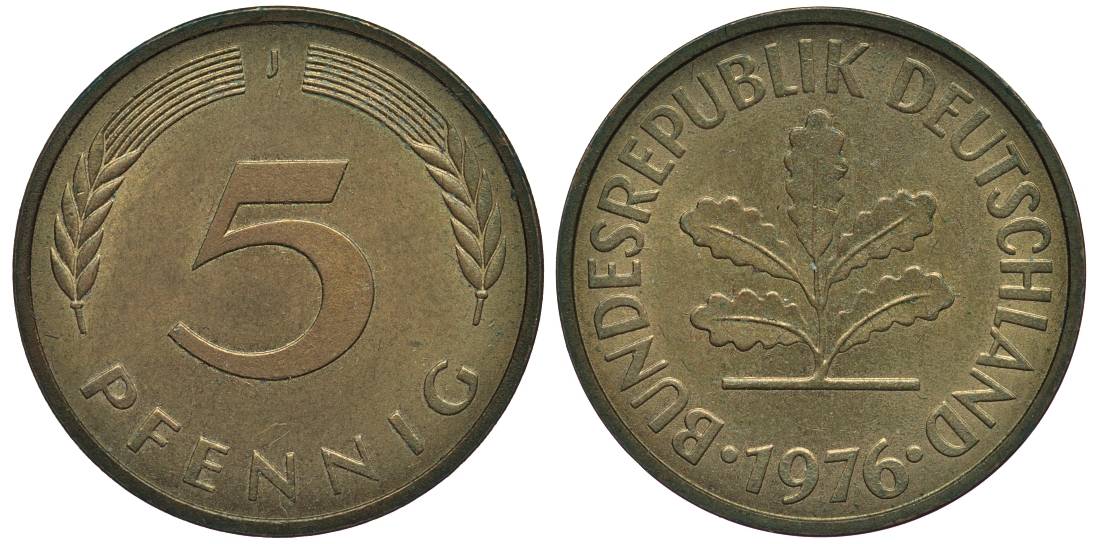 ФРГ 5 ПФЕННИГОВ 1976 J KM 107, Jager 382 сталь плакированная латунью 4547-754