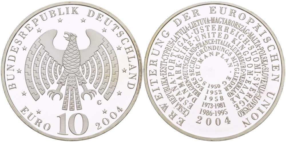 ФРГ 10 евро 2004 G, расширение Евросоюза KM 231, DE.S 10.14 серебро PROOF 1085-5-62
