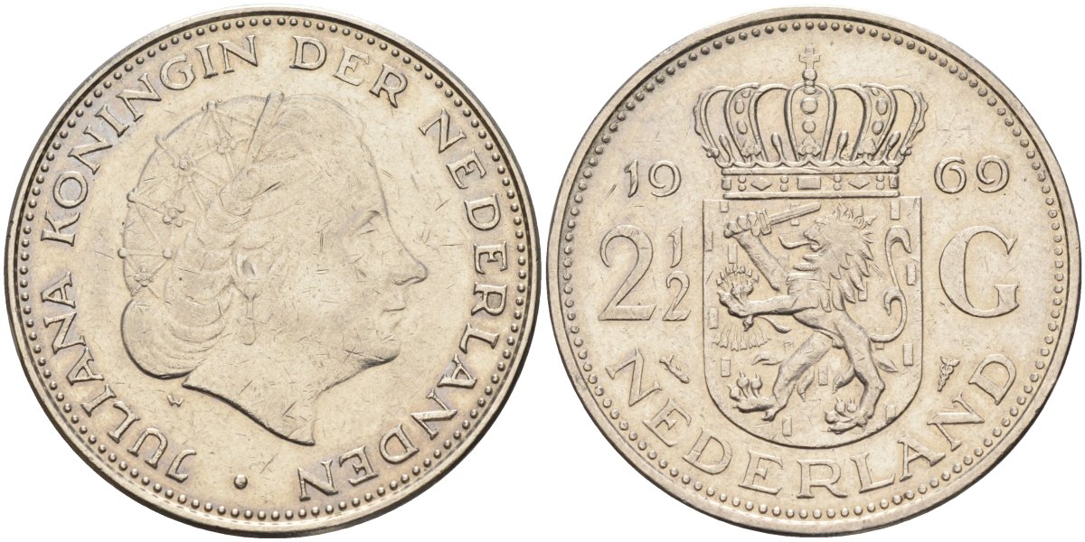 Нидерланды 2 1/2 гульдена 1969 Юлиана (1948-1980) KM 191 никель 4587-726