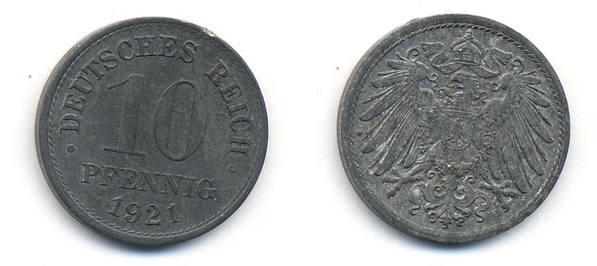 ГЕРМАНИЯ 10 ПФЕННИГОВ 1921 KM 26, J. 299 цинк 35-749